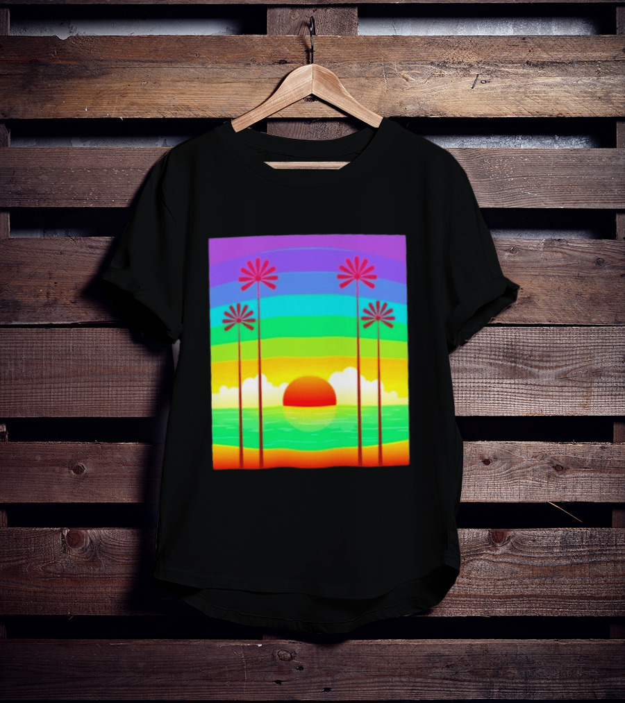 Sunset With Palm Trees And Rainbow Summer Scene T-Shirt