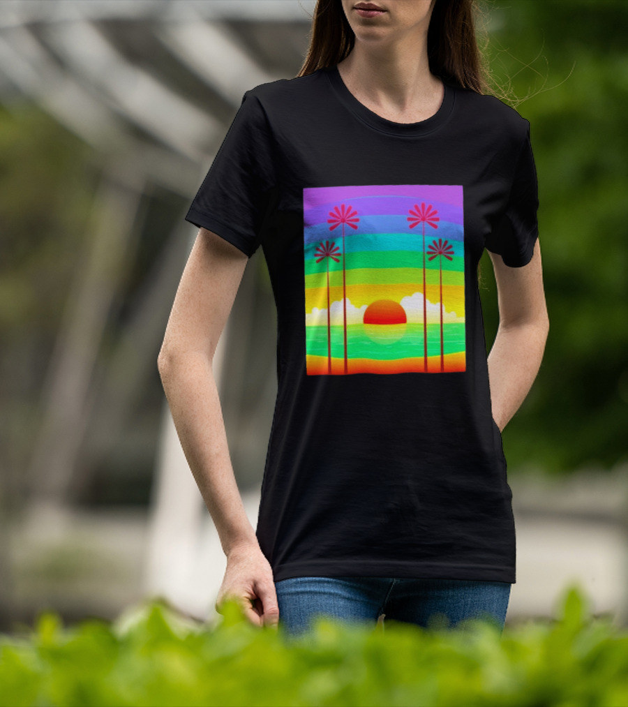 Sunset With Palm Trees And Rainbow Summer Scene T-Shirt