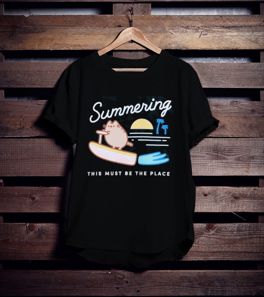 Summering This Must Be The Place Pusheen Surfing Cat Scene T-Shirt