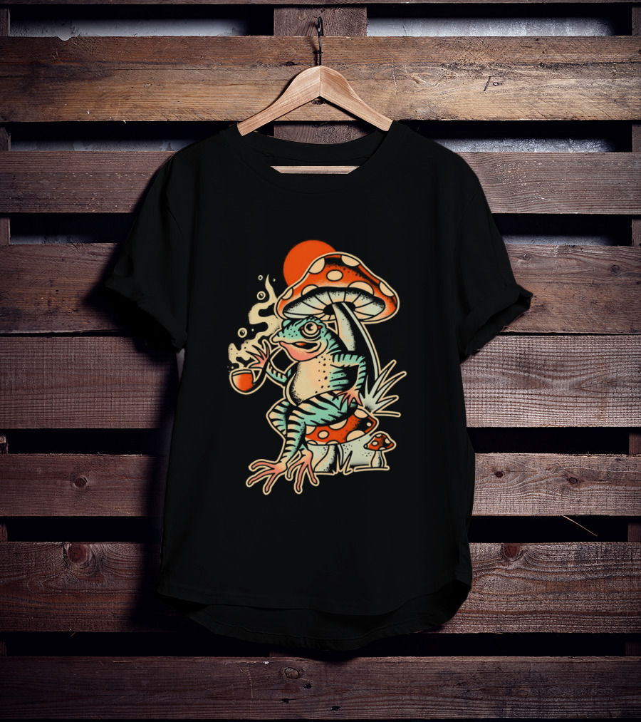 Frog Smoking Pipe Under Mushroom Tattoo T-Shirt