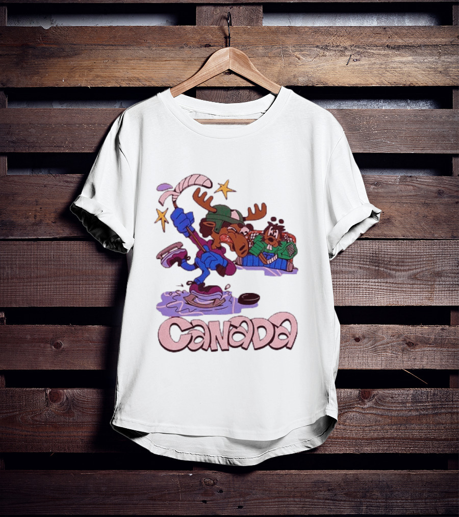 Slushy Noobz Canada Hockey Moose Cartoon Ice Rink Scene T-Shirt
