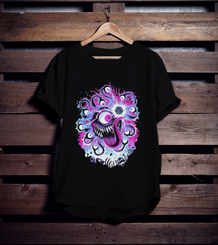 Beholder Dungeons And Dragons Eye Tyrant Illustration With D20 Dice And Psychedelic T-Shirt