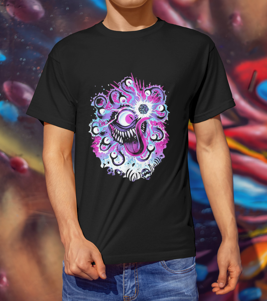 Beholder Dungeons And Dragons Eye Tyrant Illustration With D20 Dice And Psychedelic T-Shirt
