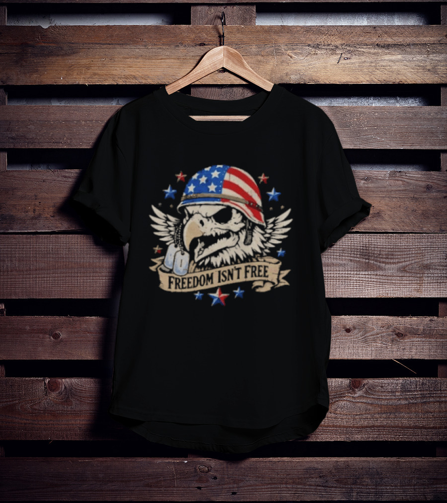 Distressed Eagle Skull Freedom Isn't Free Patriotic American Flag Helmet Stars T-Shirt