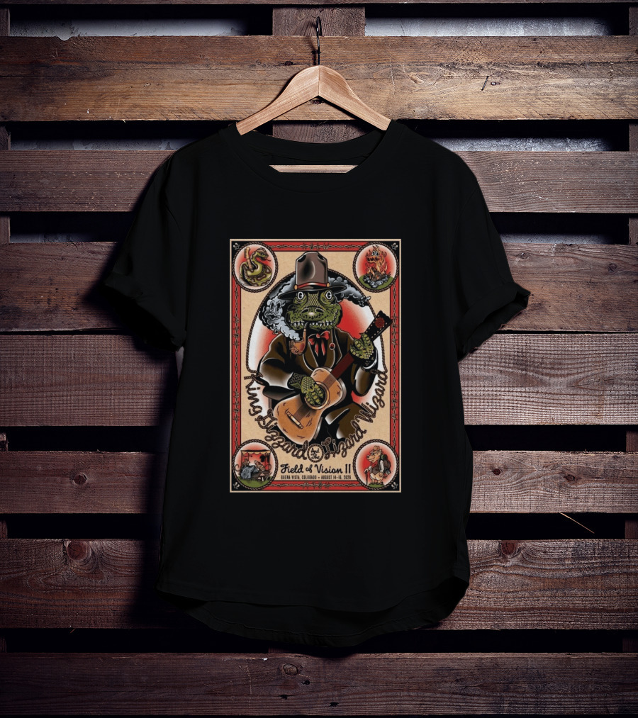 King Gizzard And The Lizard Wizard Field Of Vision II August 14 16 2026 Illustration With Lizard Playing Guitar T-Shirt