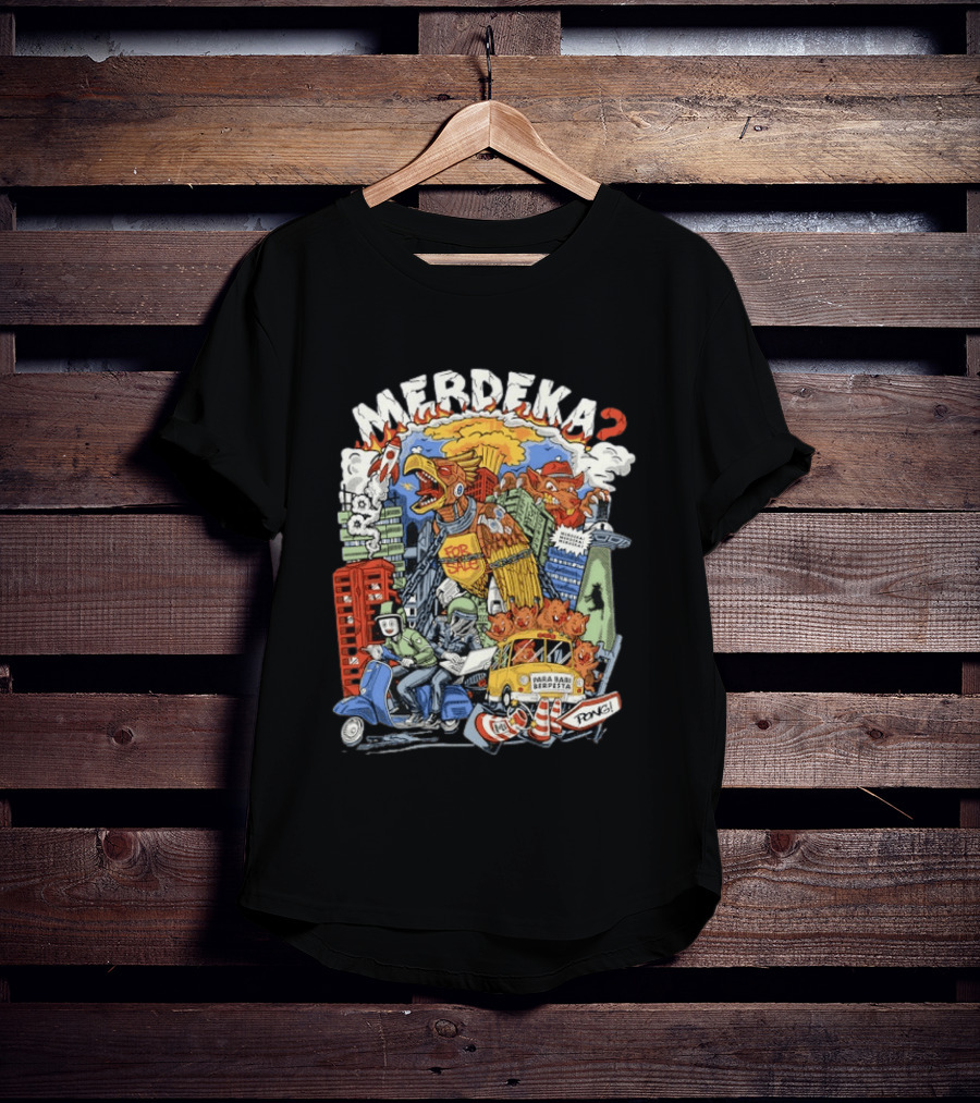 Merdeka Para Babi Berpesta Satire Indonesian Illustration With Cityscape And Mythical Creatures T-Shirt