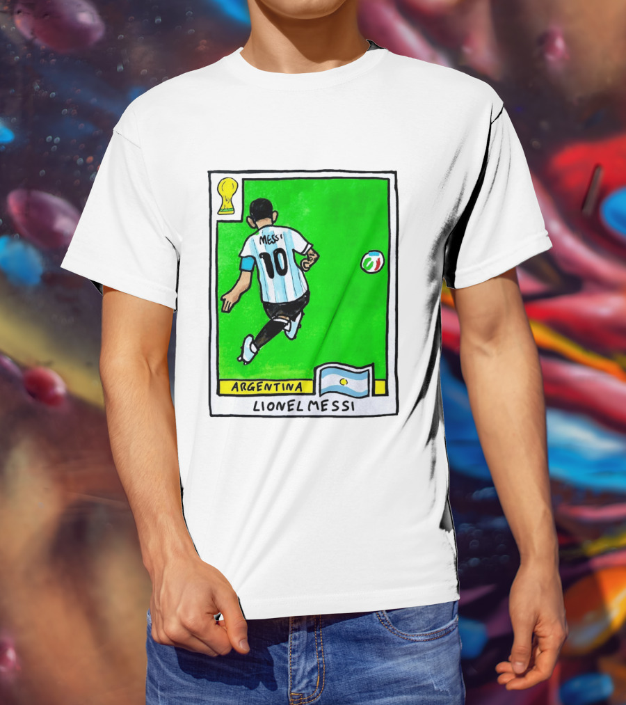 Lionel Messi Argentina Number 10 Football Card With World Cup And National Flag T-Shirt