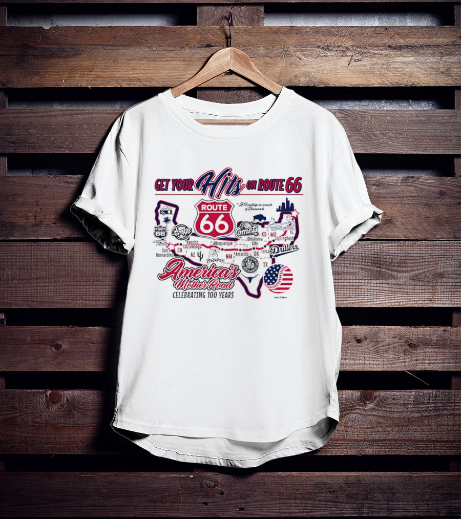 Get Your Hits On Route 66 America's Mother Road Celebrating 100 Years Baseball Map T-Shirt