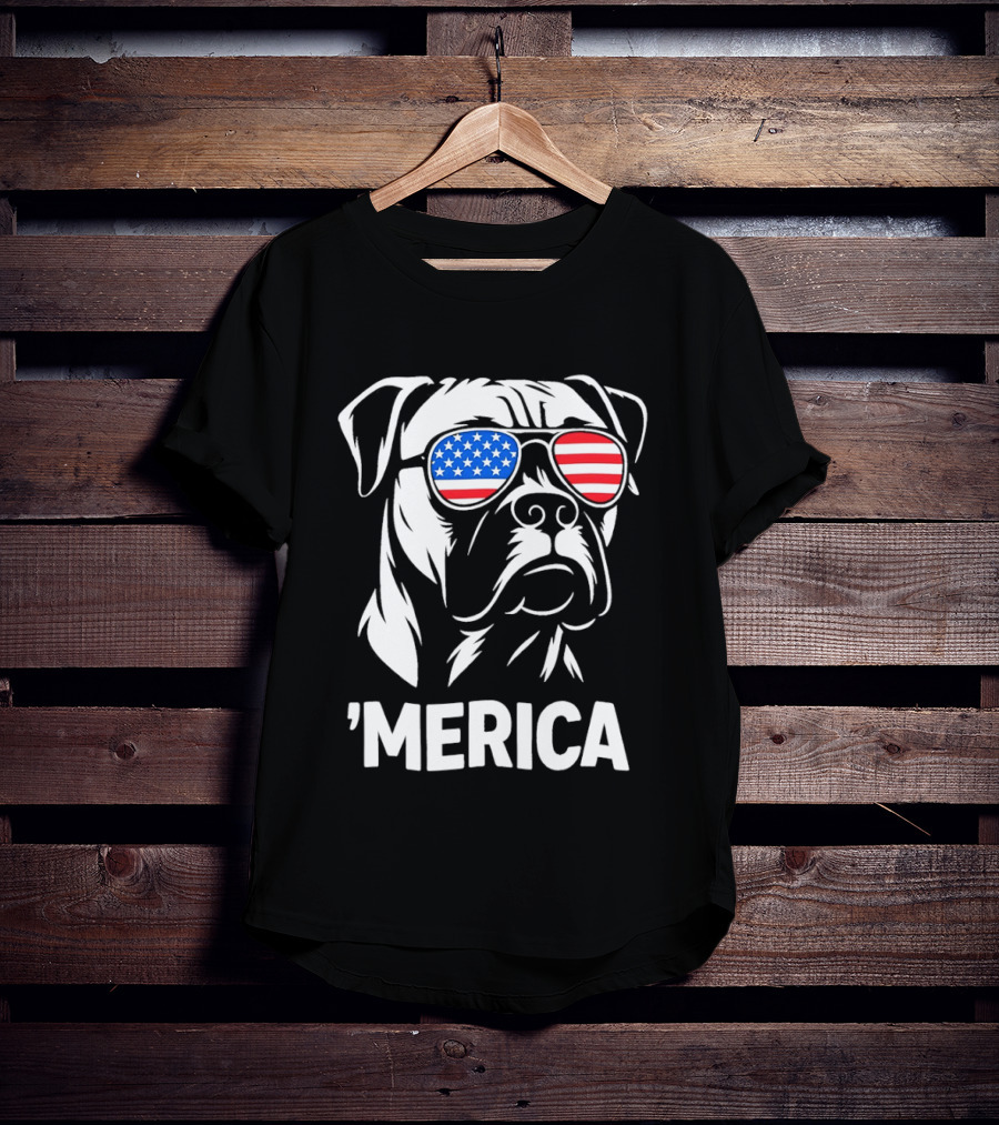 American Bulldog With USA Flag Sunglasses 'Merica T-Shirt
