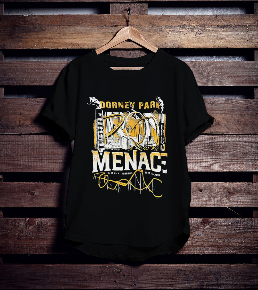 Dorney Park Iron Menace 64 Mph 4 Inversions 160 Ft Tall 2169 Ft Industrial Adventure T-Shirt