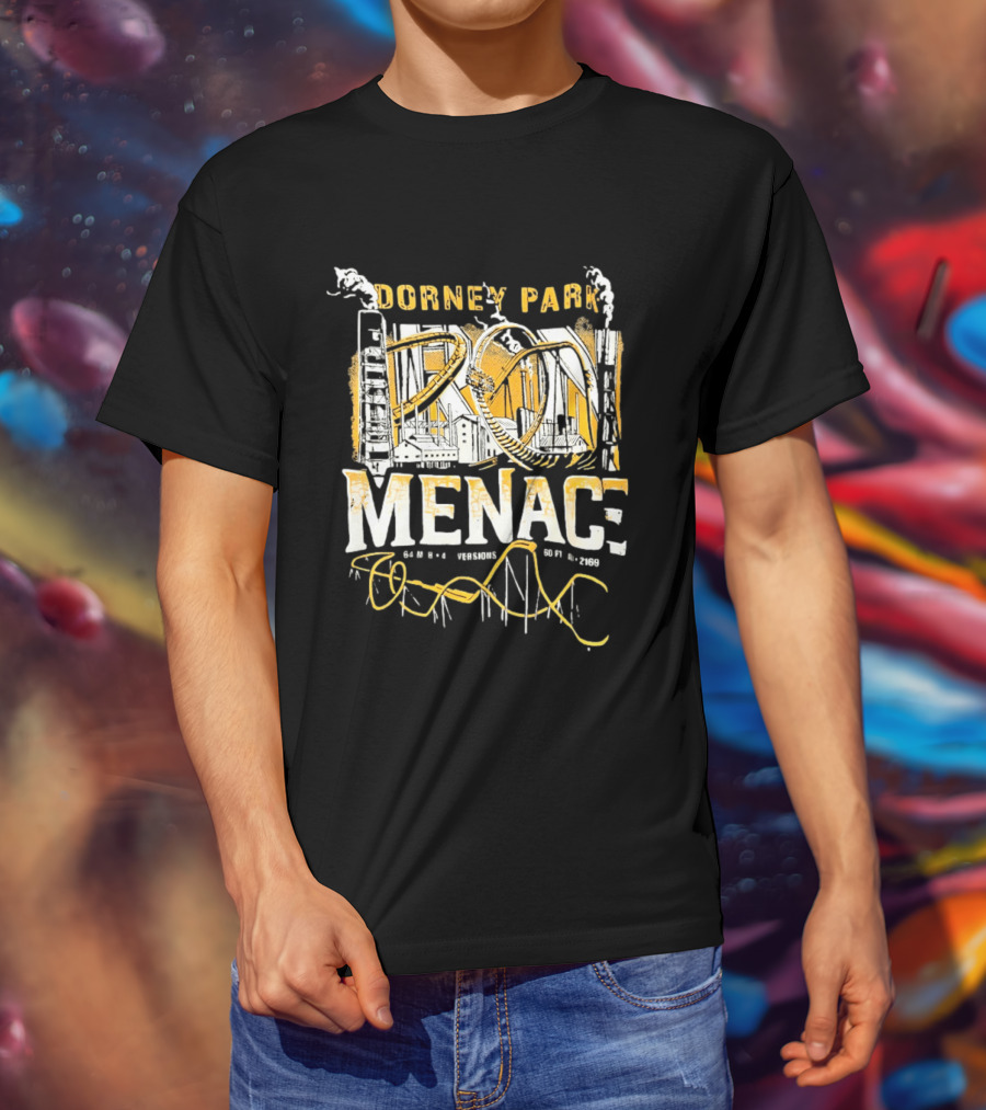 Dorney Park Iron Menace 64 Mph 4 Inversions 160 Ft Tall 2169 Ft Industrial Adventure T-Shirt