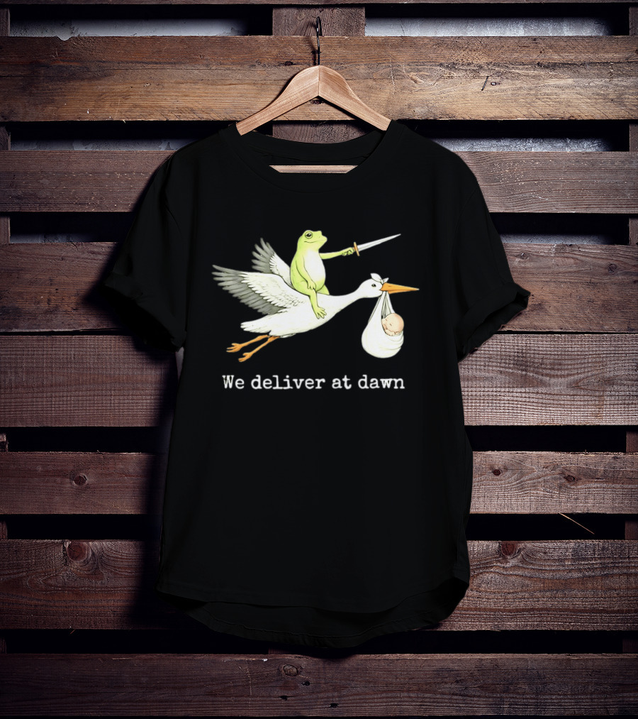 Frog Riding Stork With Sword We Deliver At Dawn T-Shirt