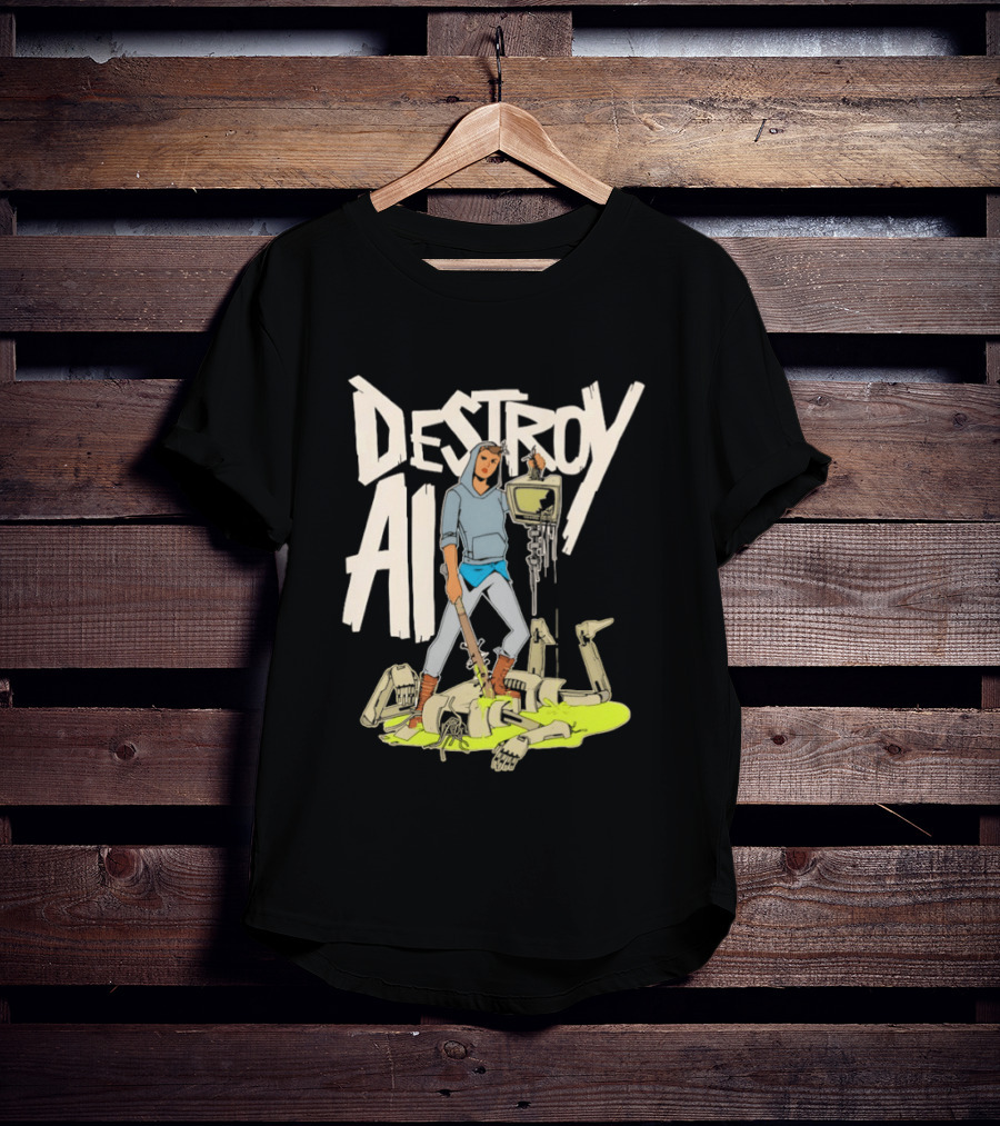 Destroy AI Sci Fi Cyberpunk Robot Resistance Heroic Battle Scene T-Shirt