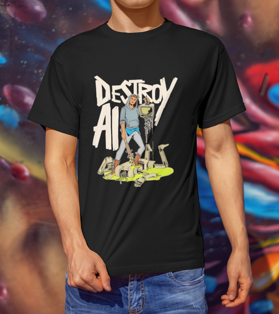 Destroy AI Sci Fi Cyberpunk Robot Resistance Heroic Battle Scene T-Shirt
