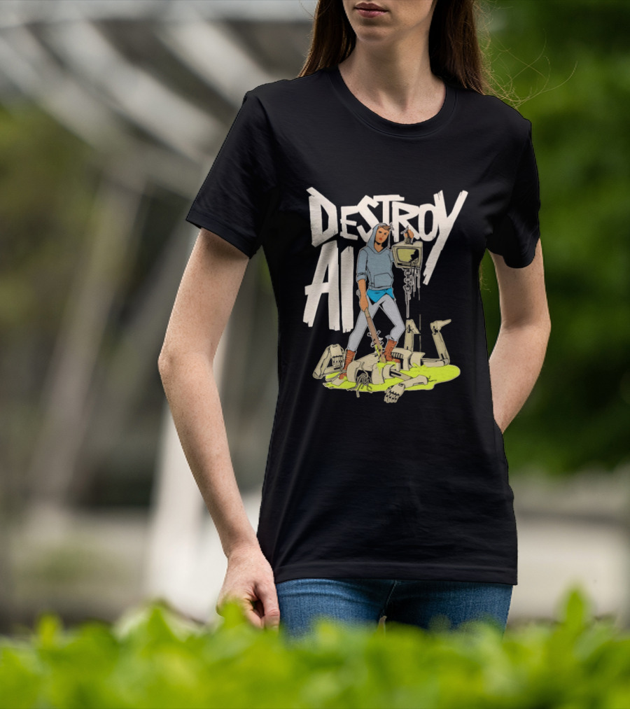 Destroy AI Sci Fi Cyberpunk Robot Resistance Heroic Battle Scene T-Shirt