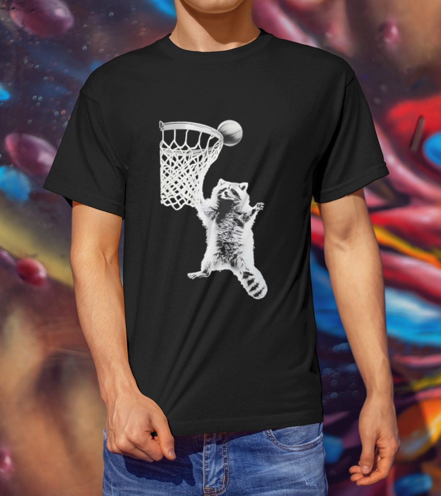 Raccoon Dunking Basketball Fun Animal Sports Play T-Shirt