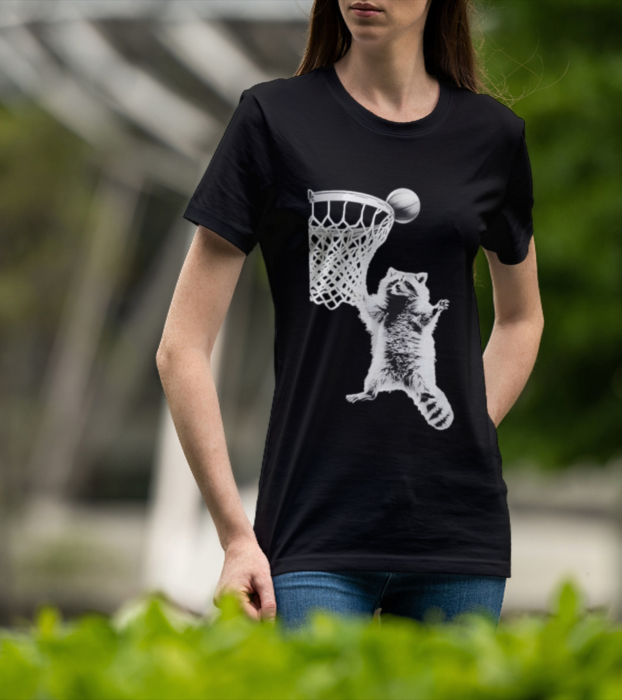 Raccoon Dunking Basketball Fun Animal Sports Play T-Shirt