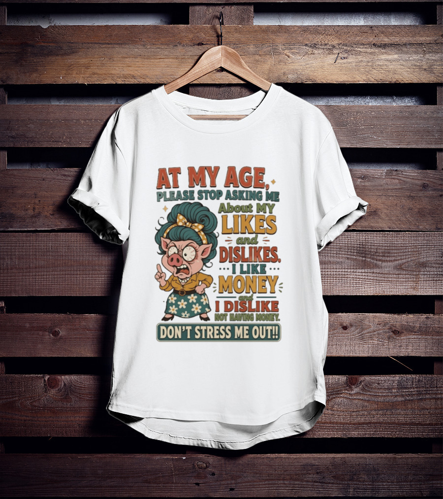 At My Age Please Stop Asking About My Likes I Like Money I Dislike Not Having Money Don't Stress Me Out T-Shirt