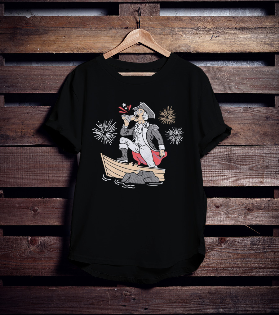 George Washington On Boat Eating Hot Dog With Fireworks Display T-Shirt