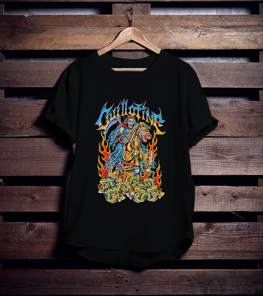 Guillotine Grim Reaper Riding Fiery Horse With Skull And Flames Heavy Metal Concert T-Shirt