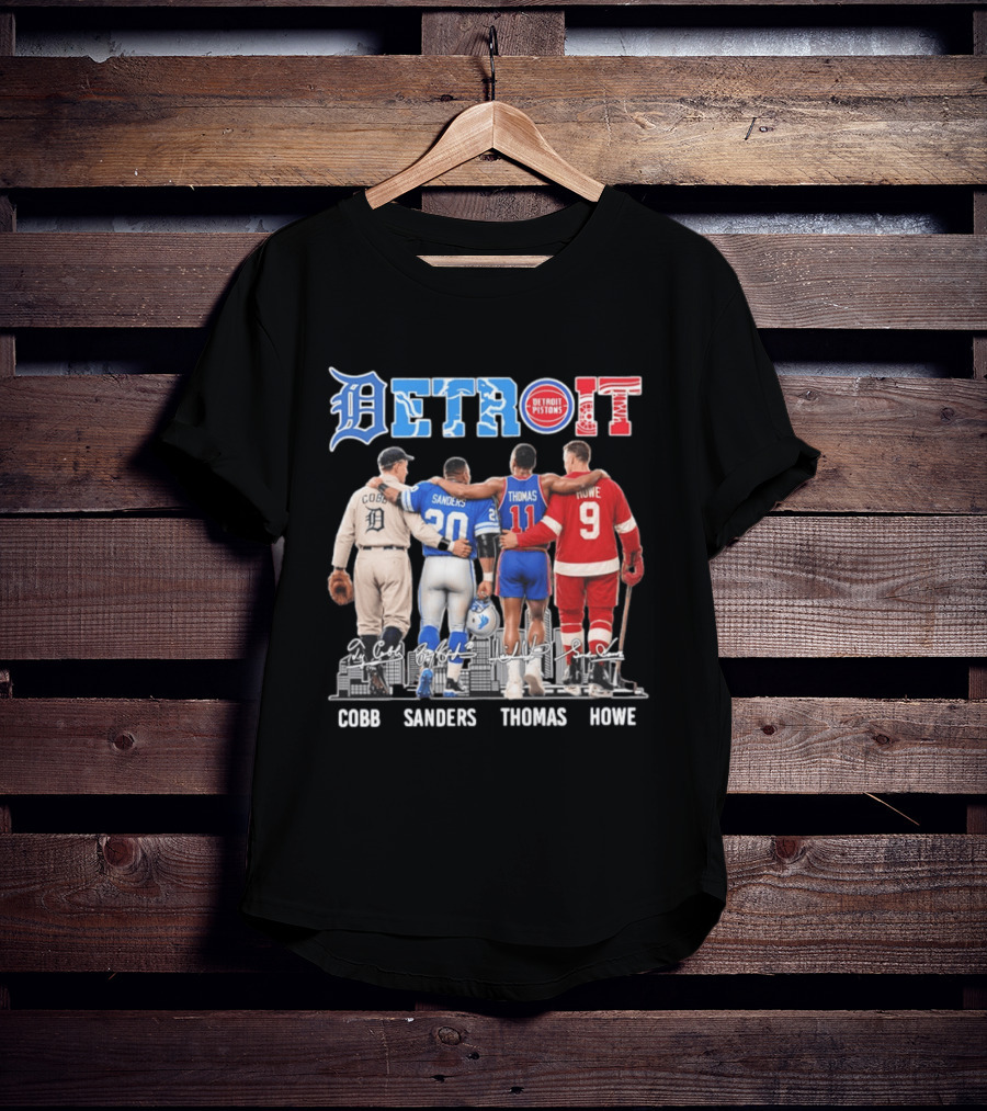 Detroit Icons Ty Cobb Barry Sanders Isiah Thomas Gordie Howe Signatures Skyline T-Shirt