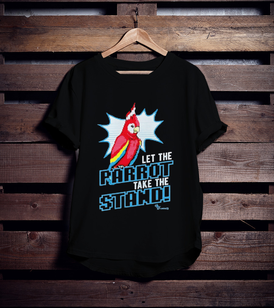 Let The Parrot Take The Stand Vibrant Red Bird With Santa Hat And Blue Starburst T-Shirt