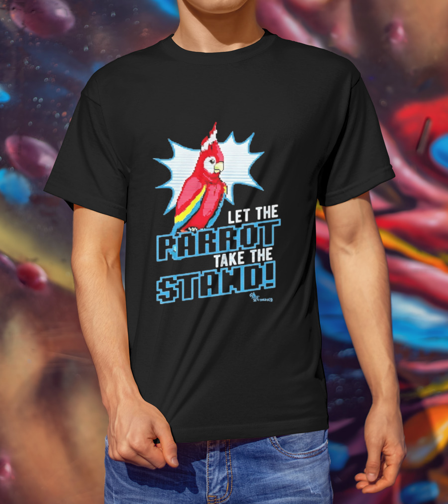 Let The Parrot Take The Stand Vibrant Red Bird With Santa Hat And Blue Starburst T-Shirt