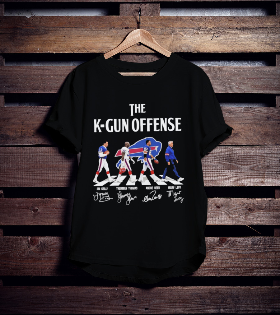 The K Gun Offense Buffalo Bills Jim Kelly Thurman Thomas Andre Reed Marv Levy Abbey Road With Signatures T-Shirt