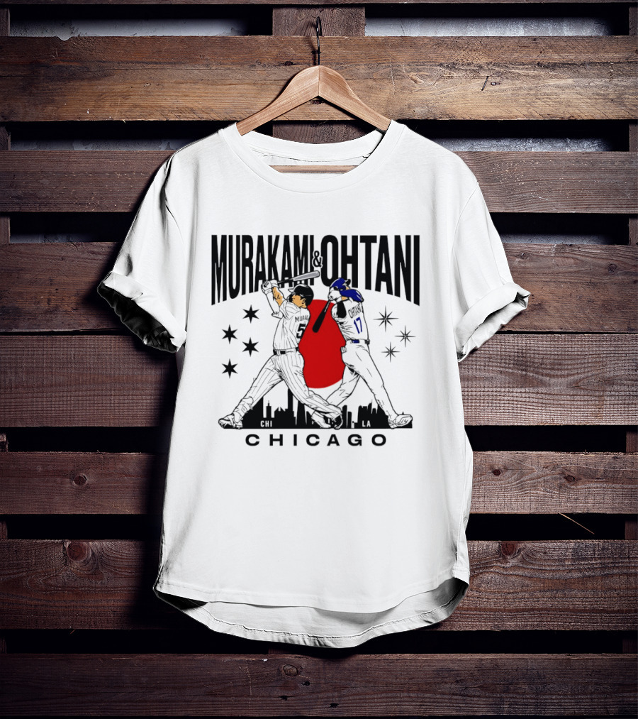Murakami Ohtani Chicago Baseball Crossed Bats Skyline Stars Red Sun Japan T-Shirt