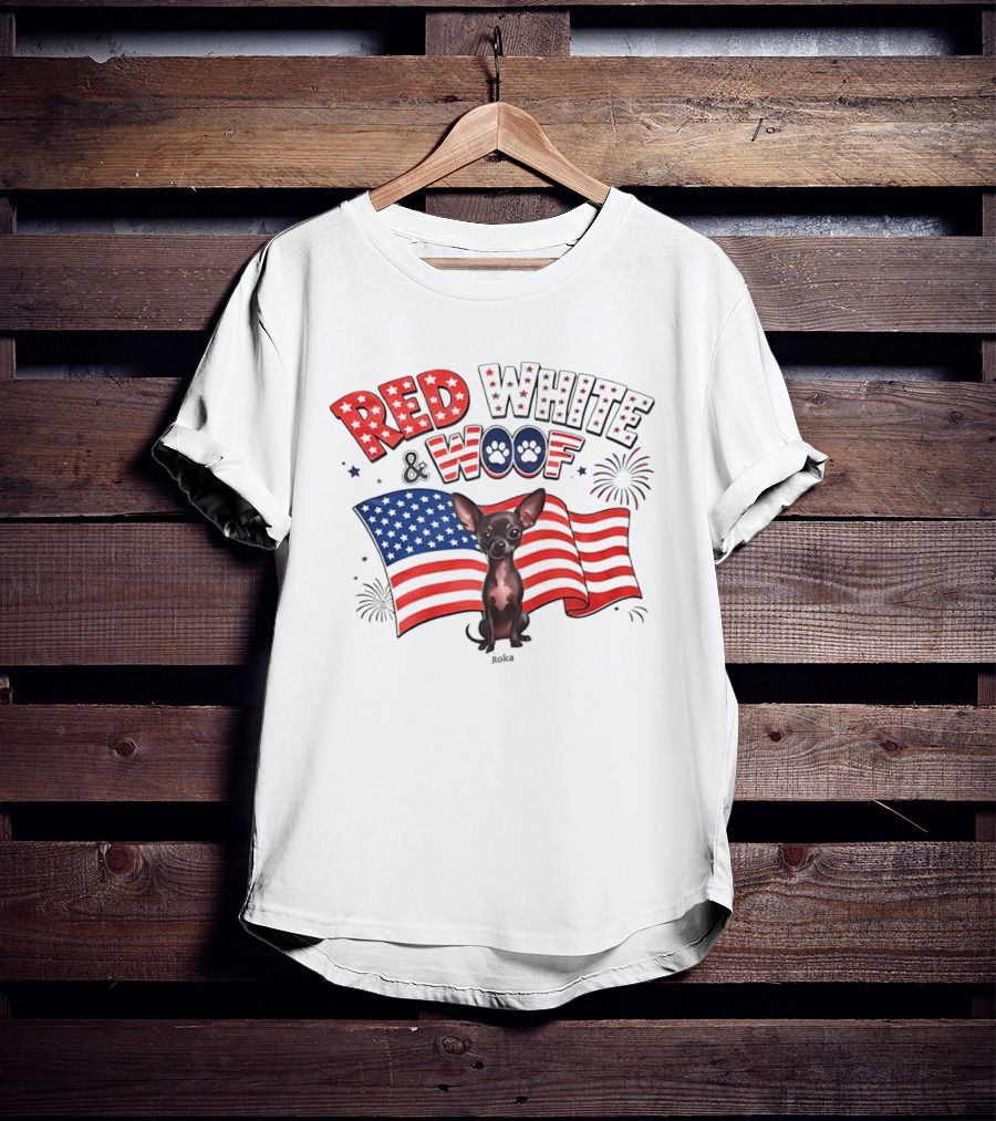 Chihuahua Red White And Woof US Flag Fireworks Celebration T-Shirt