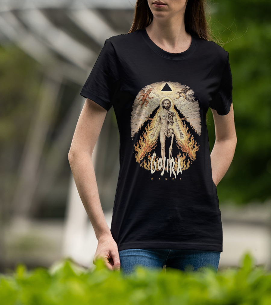 Gojira Magma Half Skeleton Half Human Devil Angel Flames Pyramid T-Shirt