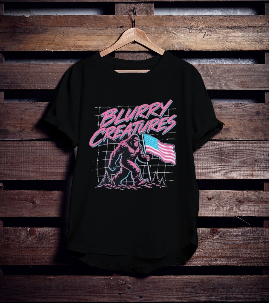 Blurry Creatures Bigfoot Holding American Flag With Retro Grid T-Shirt
