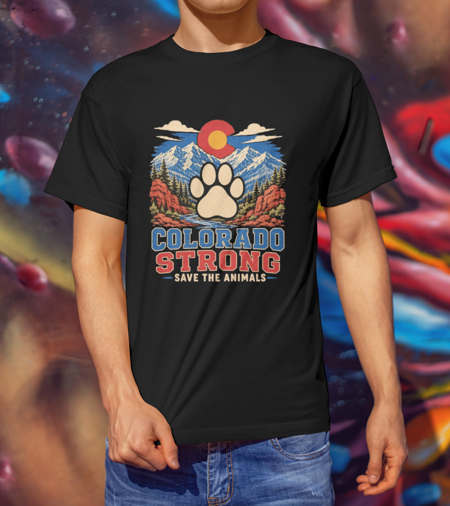 Colorado Strong Paw Print Save The Animals Mountain Sunset Landscape T-Shirt