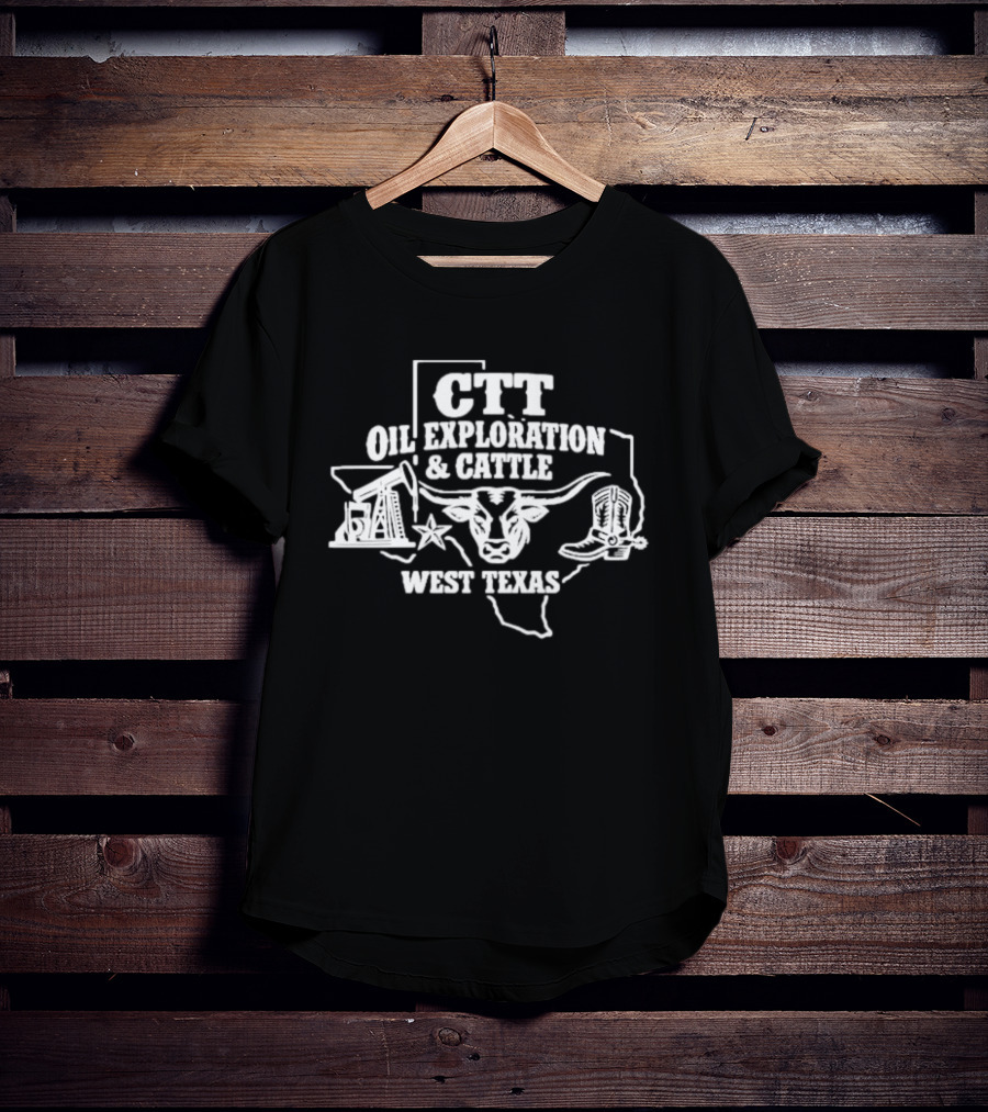 CTT Oil Exploration Cattle West Texas Longhorn Map Boots T-Shirt