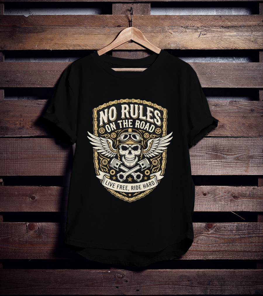 No Rules On The Road Live Free Ride Hard Skull Wings Goggles T-Shirt