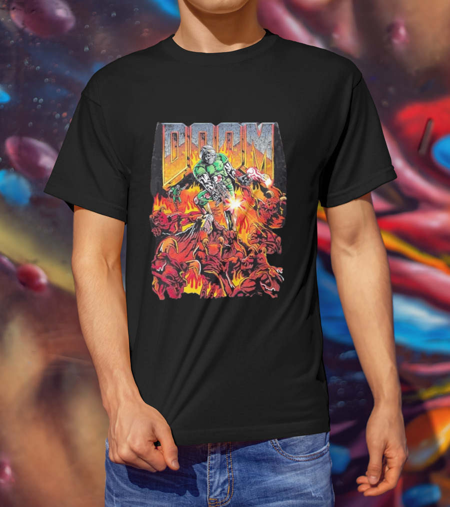 Doom Marine Warren Lotas Retro Video Game Demon Slayer Action Scene T-Shirt
