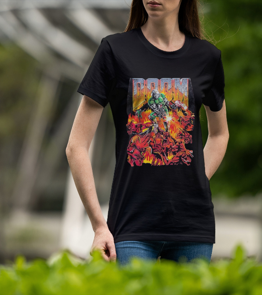 Doom Marine Warren Lotas Retro Video Game Demon Slayer Action Scene T-Shirt