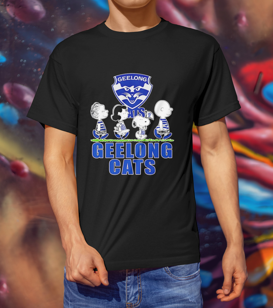 Peanuts Snoopy Charlie Brown Lucy Schroeder Geelong Cats AFL Fan T-Shirt