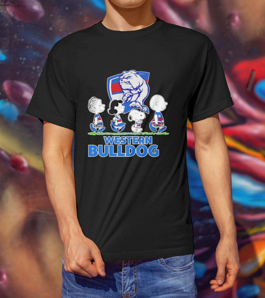 Peanuts Snoopy Charlie Brown Western Bulldogs AFL Team Lucy Schroeder T-Shirt
