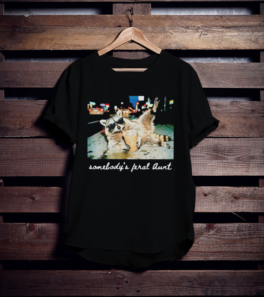Somebody's Feral Aunt Raccoon Drinking Iced Coffee T-Shirt