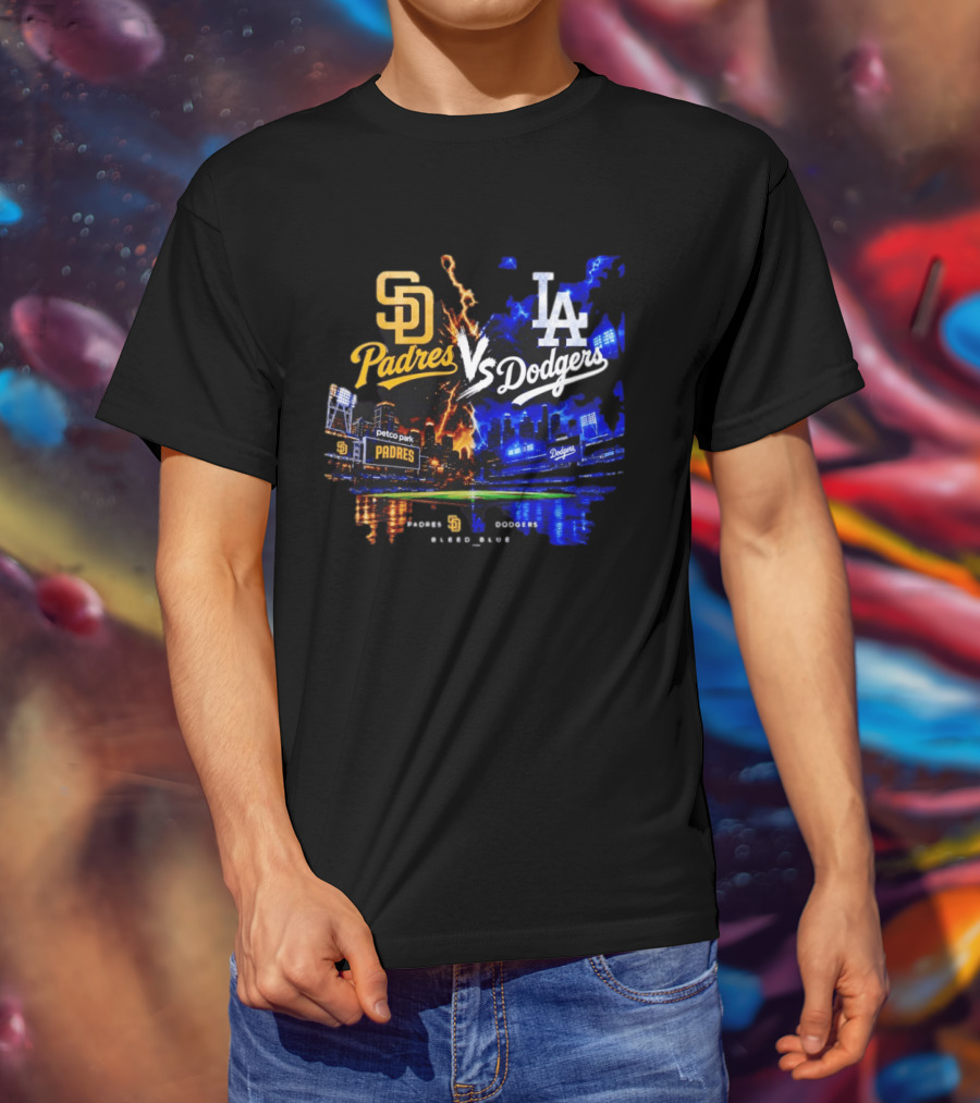 San Diego Padres Vs Los Angeles Dodgers Bleed Blue Petco Park Stadium Lightning T-Shirt