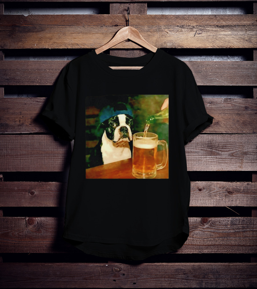 Boston Terrier Baseball Cap Drinking Beer T-Shirt