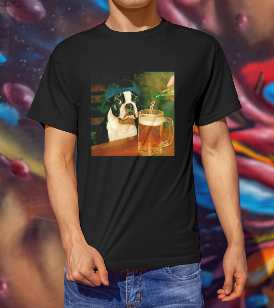 Boston Terrier Baseball Cap Drinking Beer T-Shirt