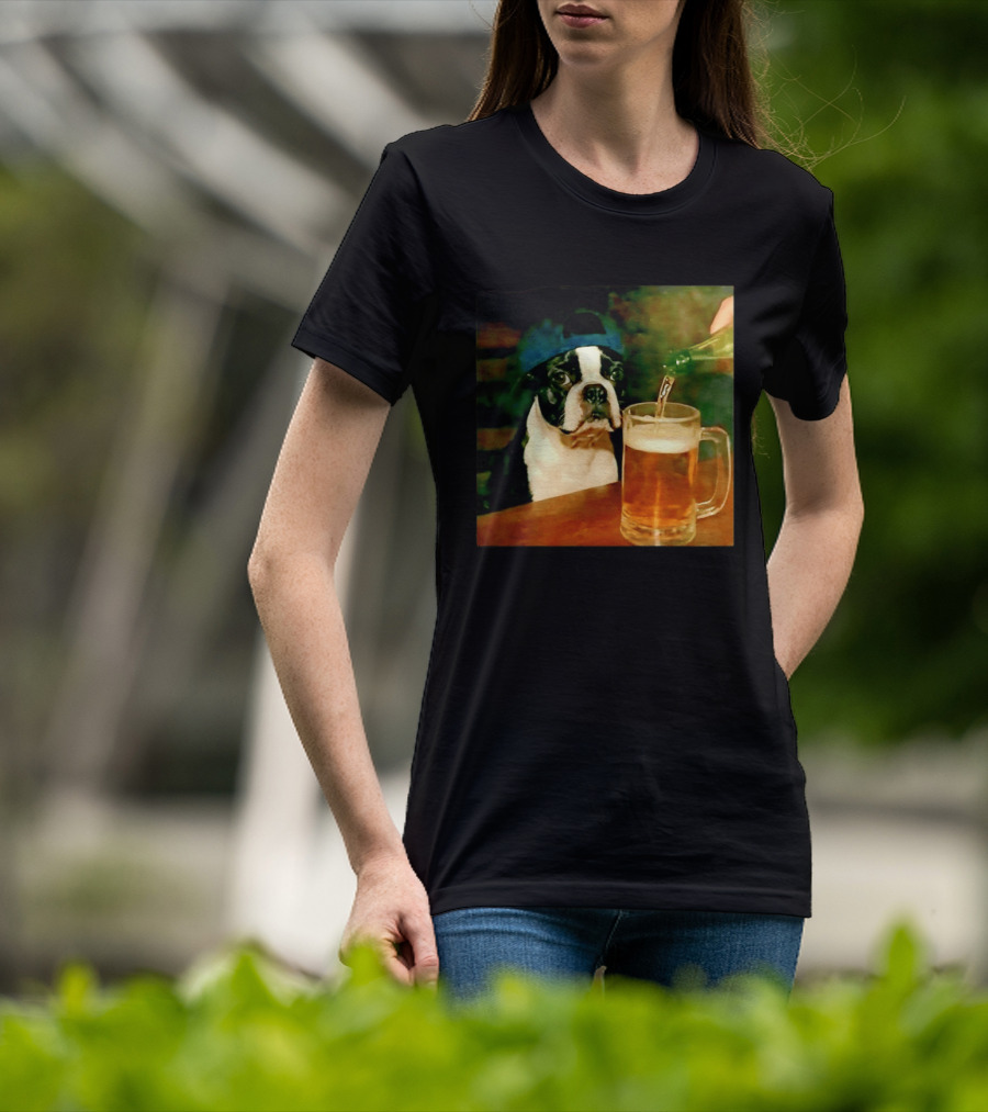 Boston Terrier Baseball Cap Drinking Beer T-Shirt