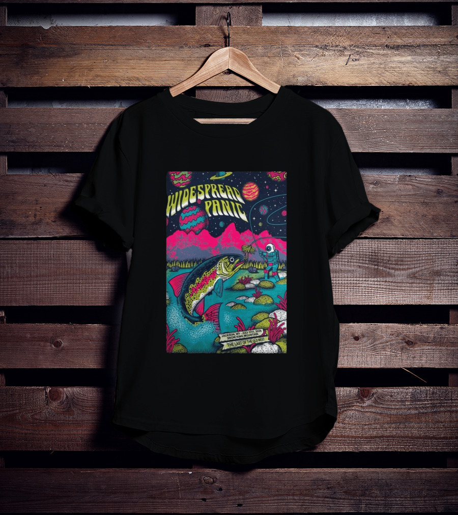 Widespread Panic Jul 5 2026 Snow King Mountain Jackson WY Cosmic Fishing Astronaut And Giant Fish Fantasy Scene T-Shirt