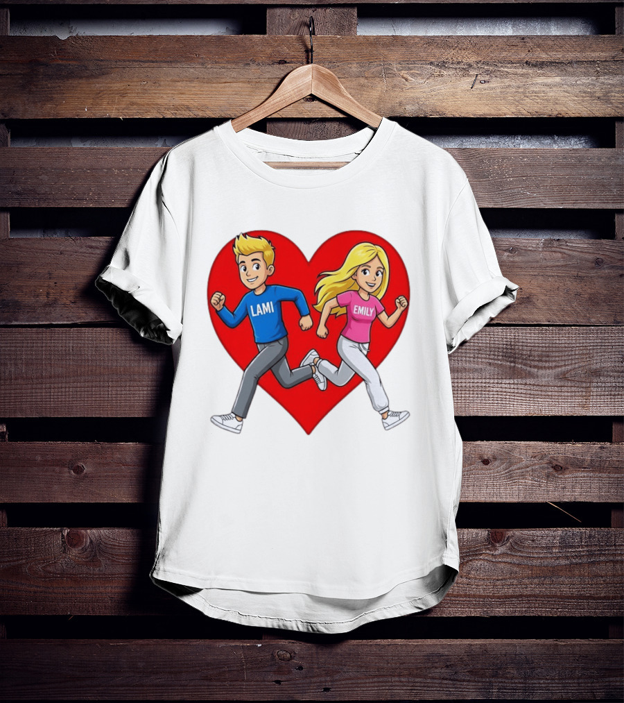 Lami And Emily Cartoon Couple Running With Heart T-Shirt