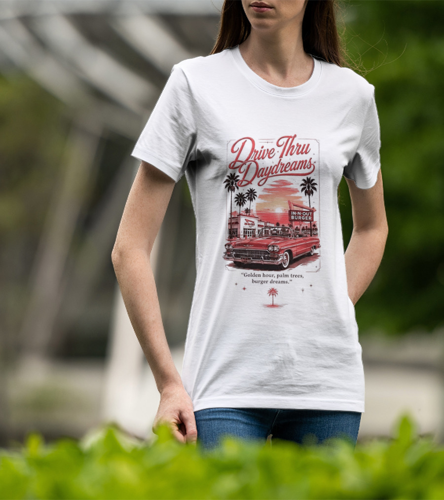 Drive Thru Daydreams In N Out Burger Golden Hour Palm Trees Car Vintage Scene T-Shirt