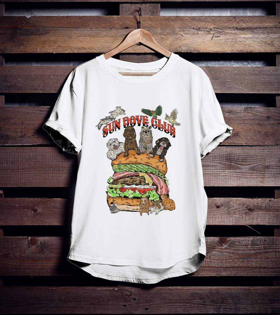 Sun Dove Club Animals On Giant Burger With Dogs And Birds T-Shirt