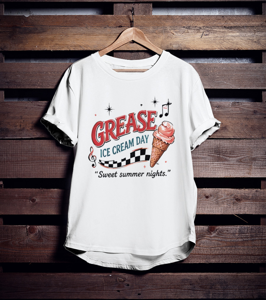Grease Ice Cream Day Sweet Summer Nights Ice Cream Cone Music Notes Stars T-Shirt