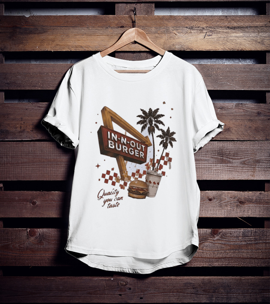 IN N OUT Burger Quality You Can Taste Sign With Palm Trees And Checkered T-Shirt